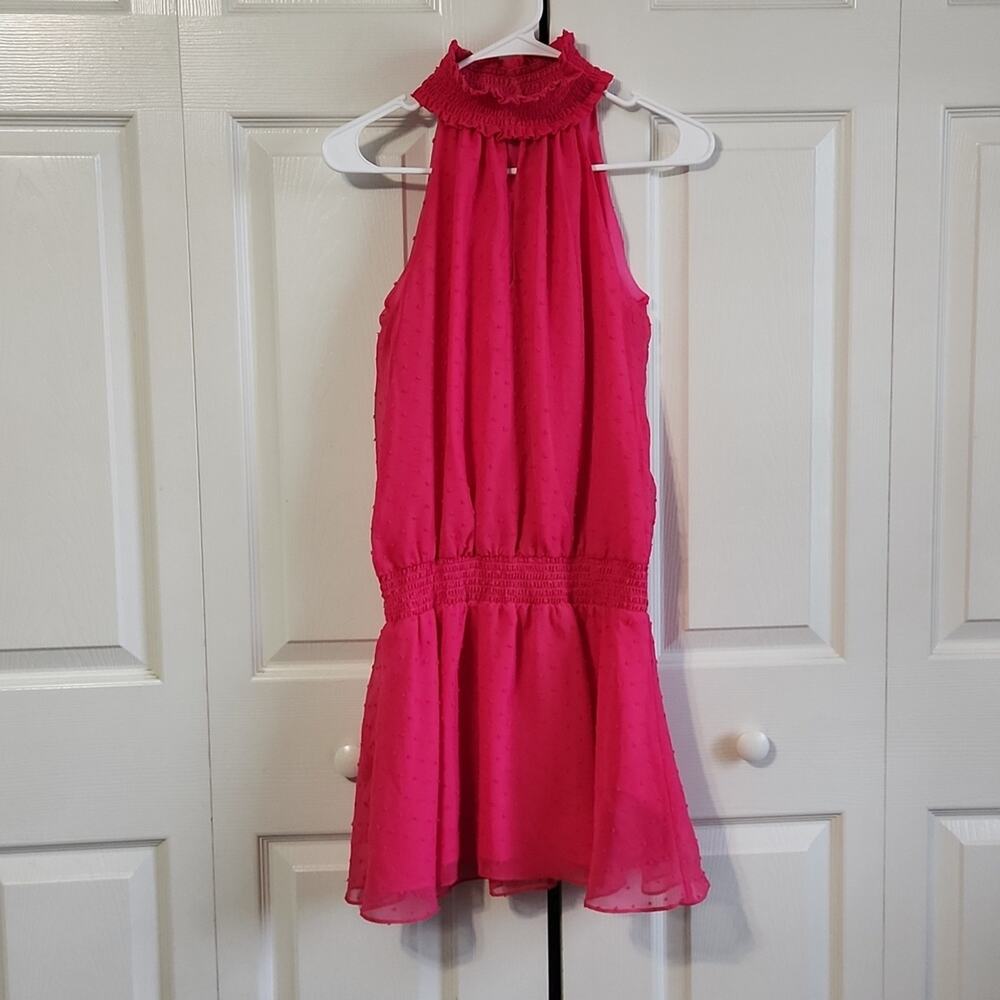 Amanda Uprichard Hot Pink Swiss Dot Smocked High Neck Mini Dress Fuchsia Revolve